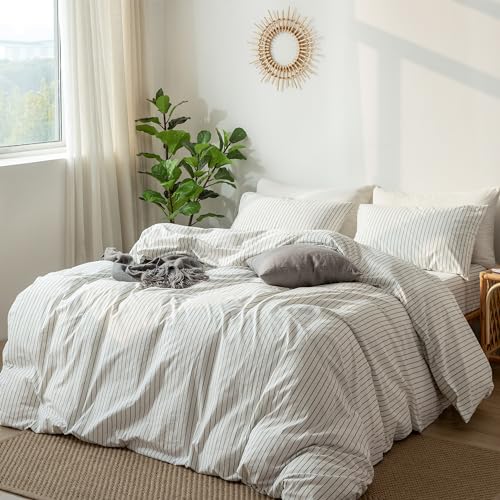 MooMee Striped Duvet Cover Set 100% Washed Cotton Linen Like Textured Breathable Durable Soft Comfy (White Dark Grey Wide Stripes, Queen 90"x90") MooMee