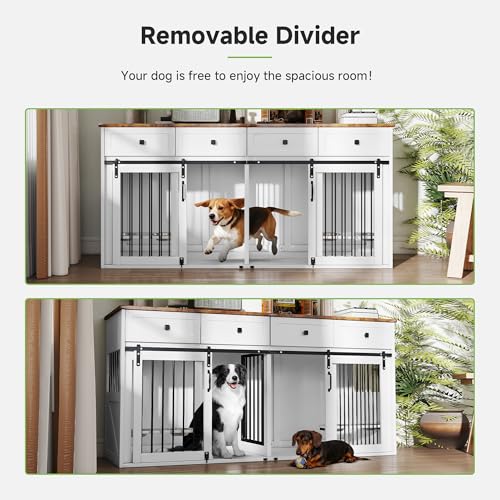 Real Relax 71” Large Dog Crate Furniture for 1 or 2 Dogs with Sliding Door, Heavy Duty Dog Kennel Furniture for Small/Medium Dogs with 4 Bowls, Dog Cage with Steel Frame, White Real Relax