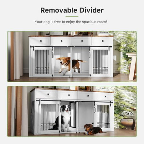 Real Relax 71” Large Dog Crate Furniture for 1 or 2 Dogs with Sliding Door, Heavy Duty Dog Kennel Furniture for Small/Medium Dogs with 4 Bowls, Dog Cage with Steel Frame, White Real Relax