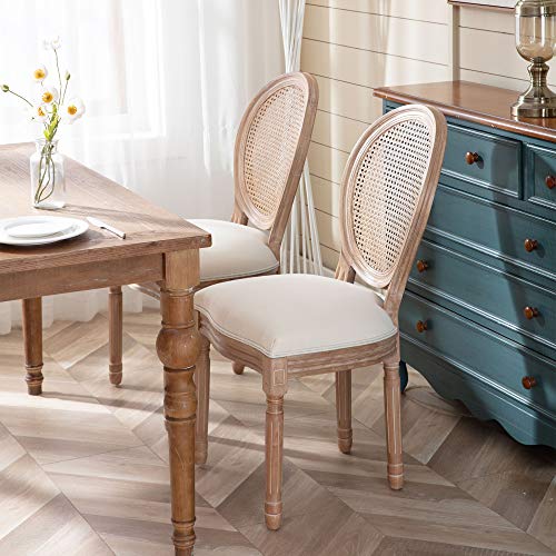 Nrizc French Country Dining Chairs Set of 4, Farmhouse Fabric Chairs with Round Back, Rattan Dining Chair, Oval Side Chairs for Dining Room/Living Room/Kitchen/Restaurant - WoodArtSupply