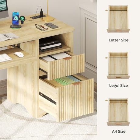 Bestier Computer Desk with Drawer, 55 inch Office Desk with Power Outlet, Modern Home Office Desk with Keyboard Tray (Natual Oak, 55" W with Single-Sided Drawers) Bestier