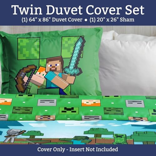 Jay Franco Duvet Cover Set – 2 Piece Comforter Cover and Sham Set, Super Soft Cozy Kids Bedding (Insert Not Included) Blue - Minecraft, Twin Jay Franco