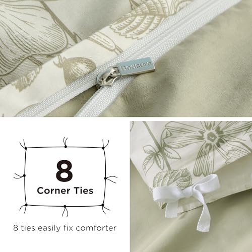 Bedsure Duvet Cover Queen Size - 100% Cotton Reversible Floral Queen Duvet Cover Set with Zipper Closure, 3 Pieces Soft & Breathable Botanical Green Bedding Set with 2 Pillow Shams 20"x26" Bedsure