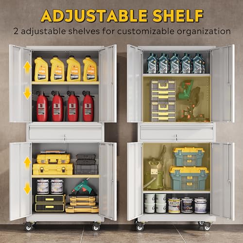 DEVAISE Metal Garage Storage Cabinet with Locking Doors and Adjustable Shelves, Rolling Tool Cabinet with Drawer for Garage,Warehouse,Home,Office (White) DEVAISE