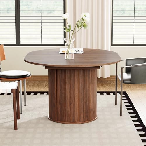 weselon 43"-59" Extendable Round to Oval Dining Table with Hidden Storage, Modern Wooden Kitchen Table with Fluted Sliding Door Cabinet, Expandable Dinner Table for Dining Room Living Room (Walnut) weselon
