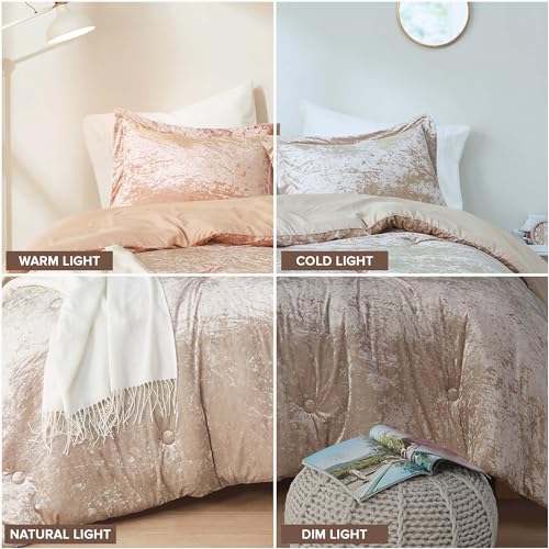Comfort Spaces Luxe Queen Comforter Set Velvet Comforters for Queen Size Bed, Microfiber Reverse, Juliette, All Season Velvet Bedding Queen Size, Fluffy Bed Set, Sham, Full/Queen, Champagne 3 Piece Comfort Spaces