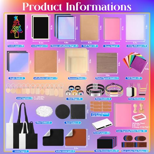 MiniInflat 253 Pcs Laser Engraving Material Kit Laser Cutting Engraving Materials Accessories Including Acrylic, PU Leather, Canvas, Wood, Metal, Felt, Rock, Glass, Rubber Materials for Laser Engraver MiniInflat