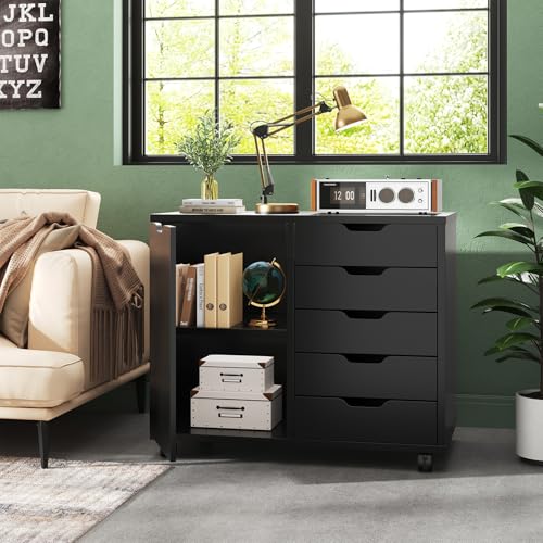 DUMOS 5 Drawer File Cabinet Office Drawers Organizer with Wheels Rolliing, Under Desk Cabinets with Shelves and Door Printer Stand with Wood Board Metal Frame for Home Office Storage Craft Room, Black DUMOS