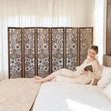 Folding Wood Room Divider Panel, 5.6 FT Tall Daisy-Carved Privacy Screen - Decorative Flower Carved Room Partition, No-Assembly Required, Ideal for Home and Office (6 Panel Brown) Svimi