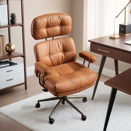 HOOOWOOO Mid-Century Modern Ergonomic Office Chair, Extra Wide Comfy Executive Chair with Lumbar Support, Suede Leather Light Brown HOOOWOOO