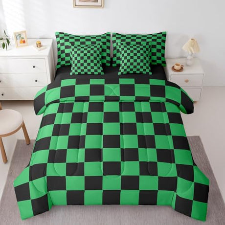 Feelyou Checkered 7 Piece Bedding Set Teen Green Black Plaid Comforter Set with Sheets Twin Size Kids Boys Cute Retro Neutral Checkerboard Geometric Bed in a Bag Vintage Aesthetic Room Decor Feelyou