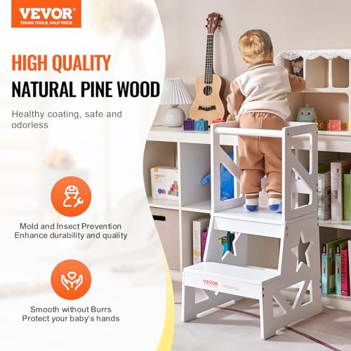 VEVOR Toddler Step Stool, Natural Pine Wood Kids Kitchen Stool Helper with Safety Rail, Standing Tower Learning Stool for Bedroom Bathroom Kitchen Counter, 150LBS Loading Capacity, White VEVOR