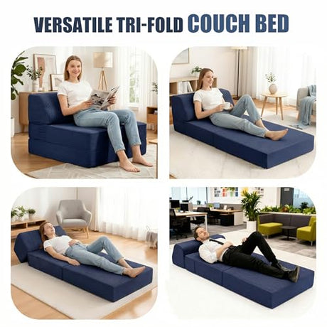 Kasunpul Folding Sofa Bed with Pillow, Memory Foam Fold Out Chair Bed, Convertible Sleeper Chair with Washable Cover, Futon Floor Couch for Living Room/Dorm/Guest Use/Home Office/Apartment, Navy Blue Kasunpul