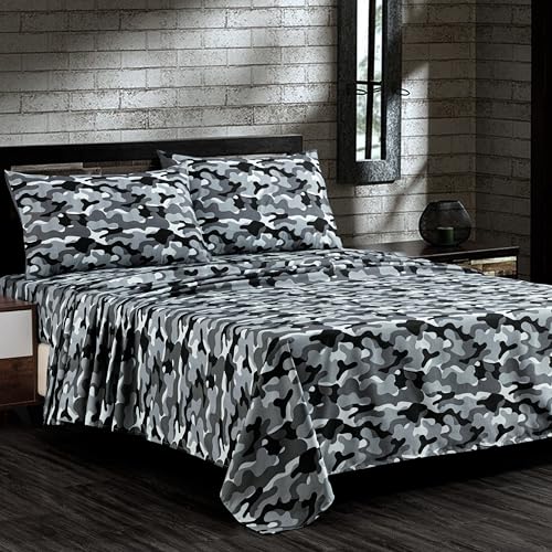Chezmoi Collection Military Camo 4-Piece Sheet Set - Camouflage Black Gray Printed Microfiber Soft Breathable Deep Pocket Sheets and Pillowcases Set, Full XL Size Chezmoi Collection