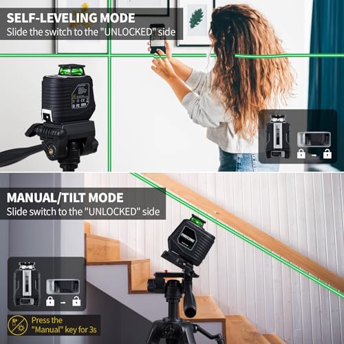 Firecore 360° Laser Level with Tripod, 100Ft Self Leveling Laser Level Green Cross Line Laser Leveler Tool for Picture Hanging Wall Tile Floor Construction, 60" Compact Tripod & Carry Pouch Included Firecore