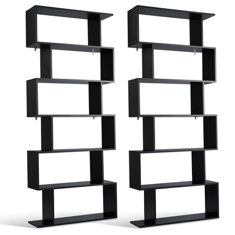 Tangkula 6-Tier Geometric Bookcase, Modern S-Shaped Storage Display Bookshelf for Living Room, Anti-Toppling Device, Home Office Wooden 6 Shelf Open Bookcase (2, Black) Tangkula