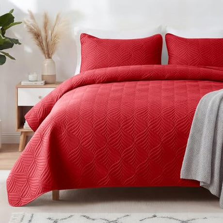 Whale Flotilla Extra Soft Twin Quilt Bedding Set, Lightweight Red Bedspreads Quilts Twin Size with Modern Pattern, Reversible 2-Piece Coverlet with 1 Pillow Shame for All Seasons Whale Flotilla