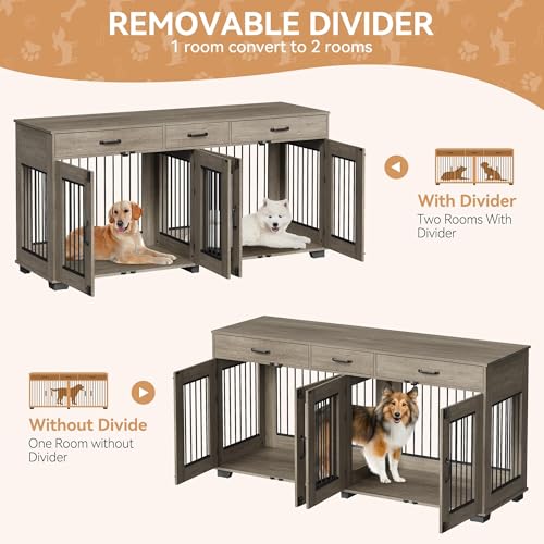 71''Wooden Dog Crate Furniture for 2 Dogs, XXL Indoor Double Dog Kennel with 3 Storage Drawers and Removable Divider, Wooden Double Doors, Large Dog Crate TV Stand End Table, Gray GarveeTech