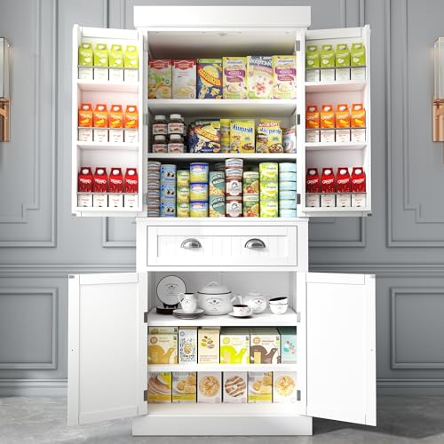 Squireewo 72" Freestanding Kitchen Pantry Storage Cabinet with Doors and 6 Hanging Shelves,Storage Cupboard with Large Drawer for Kitchen,Bathroom or Hallway, White Squireewo