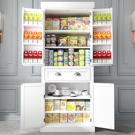 Squireewo 72" Freestanding Kitchen Pantry Storage Cabinet with Doors and 6 Hanging Shelves,Storage Cupboard with Large Drawer for Kitchen,Bathroom or Hallway, White Squireewo