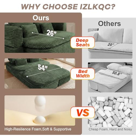 IZLKQC 75'' Folding Sleeper Sofa Bed, Convertible Memory Foam Boneless Couch, Foldable Full Size Guest Bed, Modern 2-in-1 Futon Floor Sleeper Sofa with 4 Pillows and Blanket (Corduroy, Green) IZLKQC