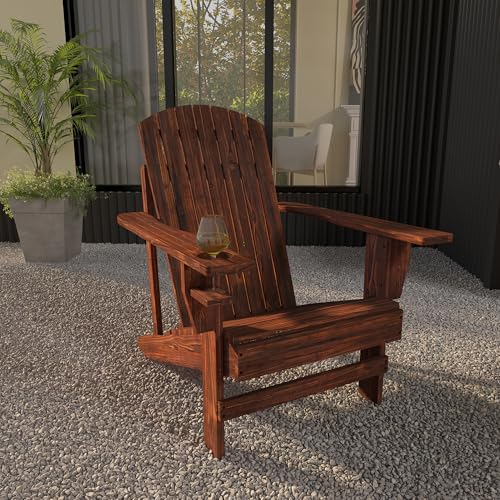 Outsunny Wooden Adirondack Chair, Outdoor Patio Lawn Chair with Cup Holder, Weather Resistant Lawn Furniture, Classic Lounge for Deck, Garden, Backyard, Fire Pit, Brown - WoodArtSupply