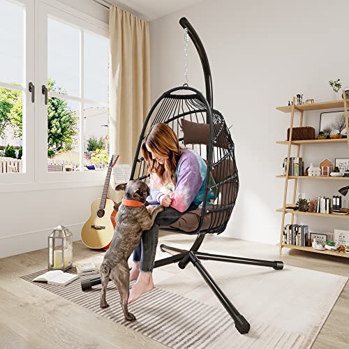 YITAHOME Hanging Egg Swing Chair Outdoor Wicker Hammock Chairs Indoor with Steel Stand UV Resistant Cushion 350lbs for Patio, Bedroom, Garden and Balcony, Brown - WoodArtSupply