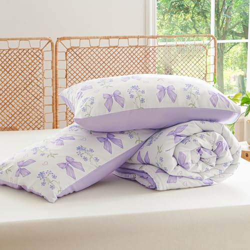 CCoutueChen Purple Bow Comforter Set Full 3 Pieces Floral Bedding Set for Girls Kids, Romantic Princess Style Bowknot Bedding, Ultra Soft Microfiber Garden Flower Comforter Sets with 2 Pillowcases CCoutueChen