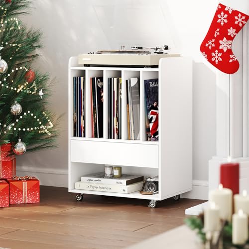 Giantex Record Player Stand, Rolling Turntable Stand with Drawer & Lockable Wheels, Record Player Table Holds Up to 150 Albums, Vinyl Record Storage for Living Room Bedroom, White Giantex