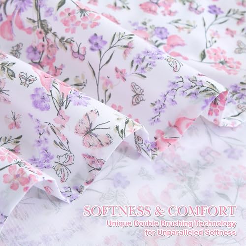 Mooreeke Cozy Vintage Microfiber Printed Queen Sheet Set - Soft Breathable Percale Cotton Floral Bed Sheets with Deep Pocket - Non-Slip Fitted Design - Pink Purple Flowers Pattern Mooreeke
