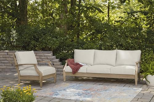 Signature Design by Ashley Carter Hall Outdoor Eucalyptus Wood Patio Sofa – Cushioned with UV-Resistant Nuvella Fabric, 5-Step Protective Finish, Beige Signature Design by Ashley