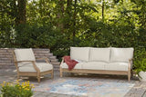Signature Design by Ashley Carter Hall Outdoor Eucalyptus Wood Patio Sofa – Cushioned with UV-Resistant Nuvella Fabric, 5-Step Protective Finish, Beige Signature Design by Ashley