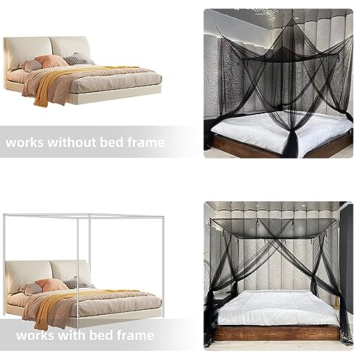 Anmas Home Mosquito Net Bed Canopy with 66ft LED Star String Lights, Black Netting Four Corner Post Curtains Elegant Mosquito Net