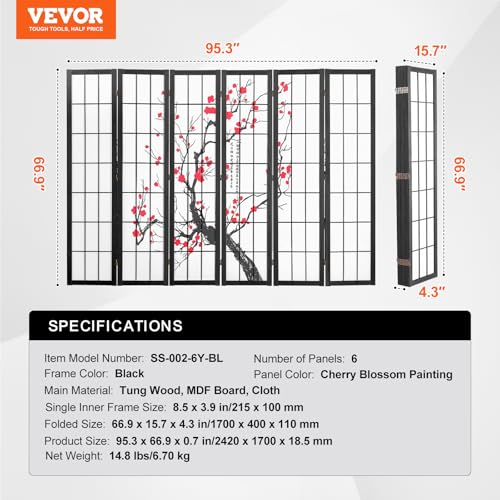 VEVOR Room Divider, 6 Panel Japanese Room Divider Screen, Wood Folding Privacy Screen Indoor, Japanese Partition Portable Decoration Dividers, for Room Separation Home Office Restaurant & Bedroom VEVOR