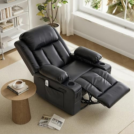 GAOHAPY Rocker Recliner Chair with Heat and Massage,360°Swivel Nursery Recliner Chair for Adults,Faux Leather Recliner Single Sofa Seat with 2 Cup Holders and Side Pocket (Black) GAOHAPY