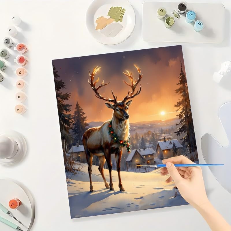Christmas Reindeer Paint by Numbers Kit for Adults - DIY Winter Deer with Garland Painting on Canvas 16x20In, Acrylic Paint Set, Suitable for Beginners, Art for Home Decoration or Gifts DecorFriday