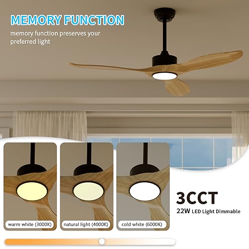 REVOICI Ceiling Fans with Lights Remote 52inch Natural Solid Wood Fan Timing 6Speeds Silent Reversible DC Motor 3CCT LED Light with Memory Lighting Function Indoor Outdoor Fan Farmhouse Bedro - WoodArtSupply