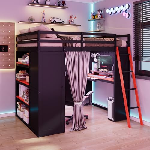 THINK 30 Gaming Loft Bed Full Size with Desk & RGB Lights, Wood Study Bed with Wardrobe,Shelves,Blackout Curtains for Kids Adults, Storage Compartments, Boys Bedroom Furniture (Red Style2) THINK 30