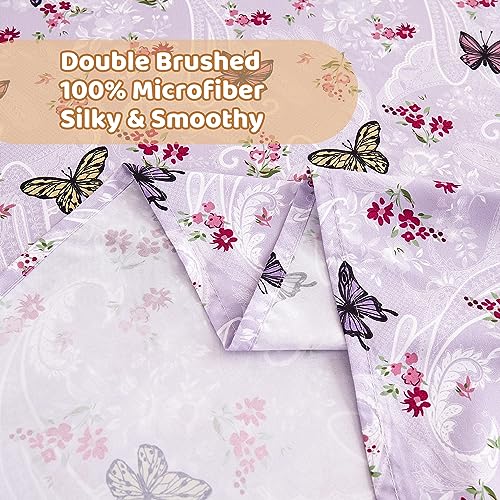 Softan Floral Twin Size Sheet Set, Purple Paisley Flower Printed Sheets for Kids Girls, Brushed Microfiber Fitted Sheet with 15" Deep Pocket & Non-Slip Straps, Butterfly Patterned Sheets Softan