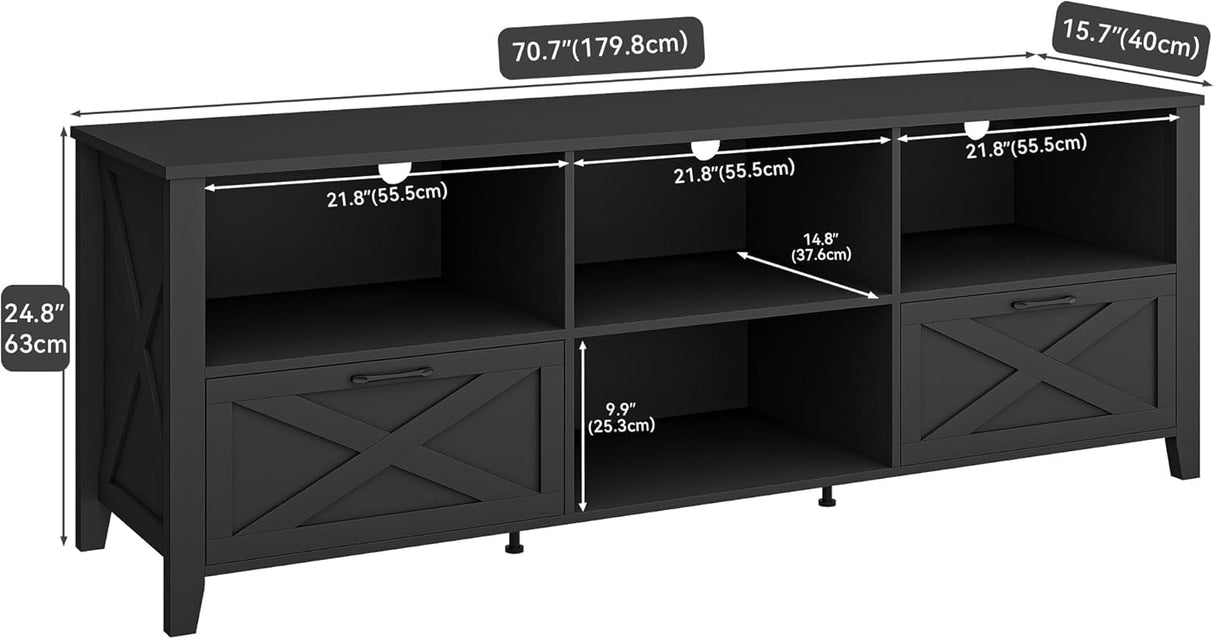 YITAHOME 70 Inch Farmhouse TV Stand with LED Lighting, Fits TVs up to 80 Inches, Media Console with Storage and Customizable Divider, Entertainment Center for Living Room (Black) YITAHOME