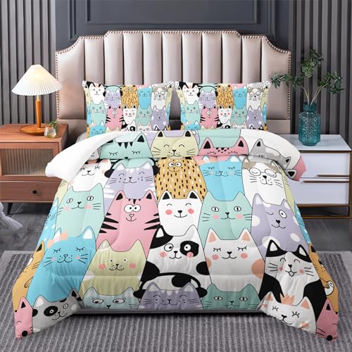 Tuzaovy Twin Cat Comforter Set for Girls - Kawaii Cute Bedding Set with Cat Room Decor Tuzaovy