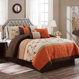 Chezmoi Collection Serene 7-Piece Luxury Autumn Floral Embroidery Comforter Set, King, Orange/Brown/Taupe Chezmoi Collection