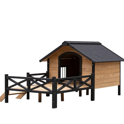 SEOCCTV Wooden Dog Kennel, Weatherproof Dog Houses Outside with Porch and Side Windows Cabin House Style Pet Kennel Wood Dog Crate for Medium Large Pets(43.6" L x 66.9" W x 32.7") - WoodArtSupply