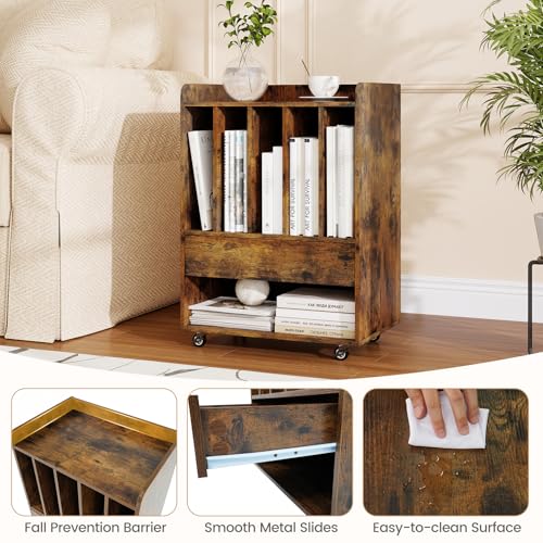 LOKO Record Player Stand On Wheels, Rolling Turntable Stand with 5 Compartments, Drawer & Open Shelf, Vinyl Display Shelf Storage Cabinet for Living Room, Bedroom, Study (Rustic Brown, 21" x 14") LOKO