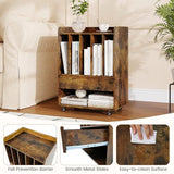 LOKO Record Player Stand On Wheels, Rolling Turntable Stand with 5 Compartments, Drawer & Open Shelf, Vinyl Display Shelf Storage Cabinet for Living Room, Bedroom, Study (Rustic Brown, 21" x 14") LOKO