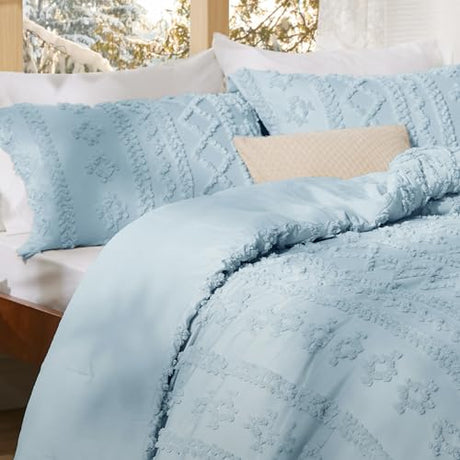 Bedsure Tufted Boho Comforter Set Full Size - Light Blue Boho Bed Set, GentleSoft™ 3 Pieces Farmhouse Shabby Chic Embroidery Bedding, Gifts for Woman, Soft Jacquard Full Comforter for All Seasons Bedsure
