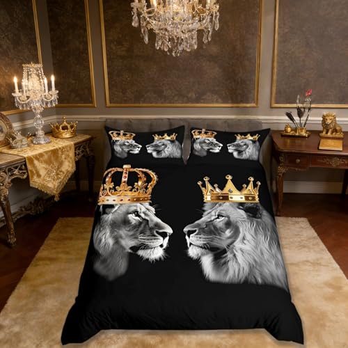 Lion Wild Animal Duvet Cover Set King Size,King and Queen Theme Golden Crown Comforter Cover with 2 Pillowcases,Tropical African Rustic Bedding Set for Adult Young Bedroom Xmas Gift (No Comforter) Castle Fairy