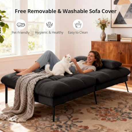 COMHOMA Convertible Futon Sofa Bed, 72″Fabric Futons Couch with Adjustable Backrest, Folding Sleeper Recliner for Living Room Furniture (Black) COMHOMA
