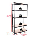 Panana Storage Shelves 5 Tier Garage Shelving 1.5M Metal Racking Shelf Storage Shelving Unit 59" Hx27.56 Wx11.81 D Utility Rack Shelf Unit for Warehouse, Kitchen,Workshops,Garden Offices (Black) Panana