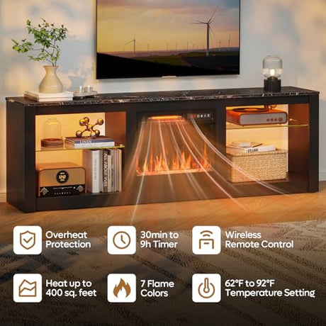 Bestier 63 Inch Modern Fireplace TV Stand for TVs up to 70", LED Entertainment Center with 18" Electric Fireplace Media Console for Living Room with Glass Shelves, Black Marble Bestier